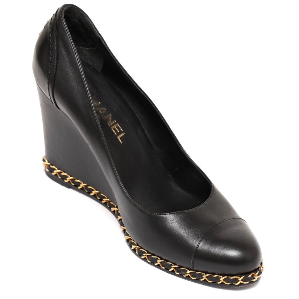 CHANEL Calfskin Cap Toe Chain Wedge